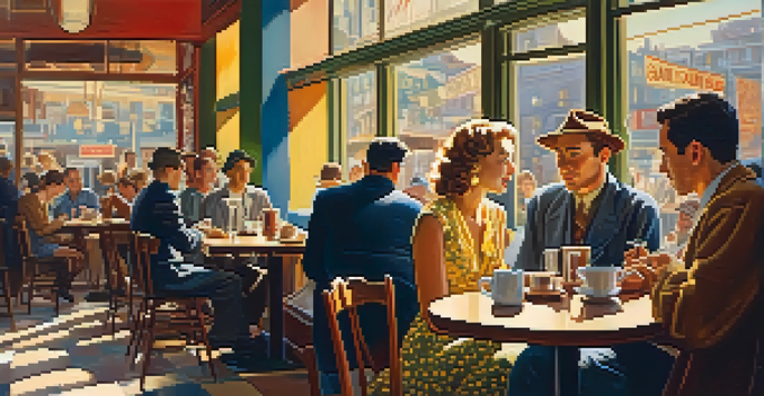 A lively café scene in 1950s San Francisco with writers and artists discussing ideas, colorful posters, and warm sunlight.