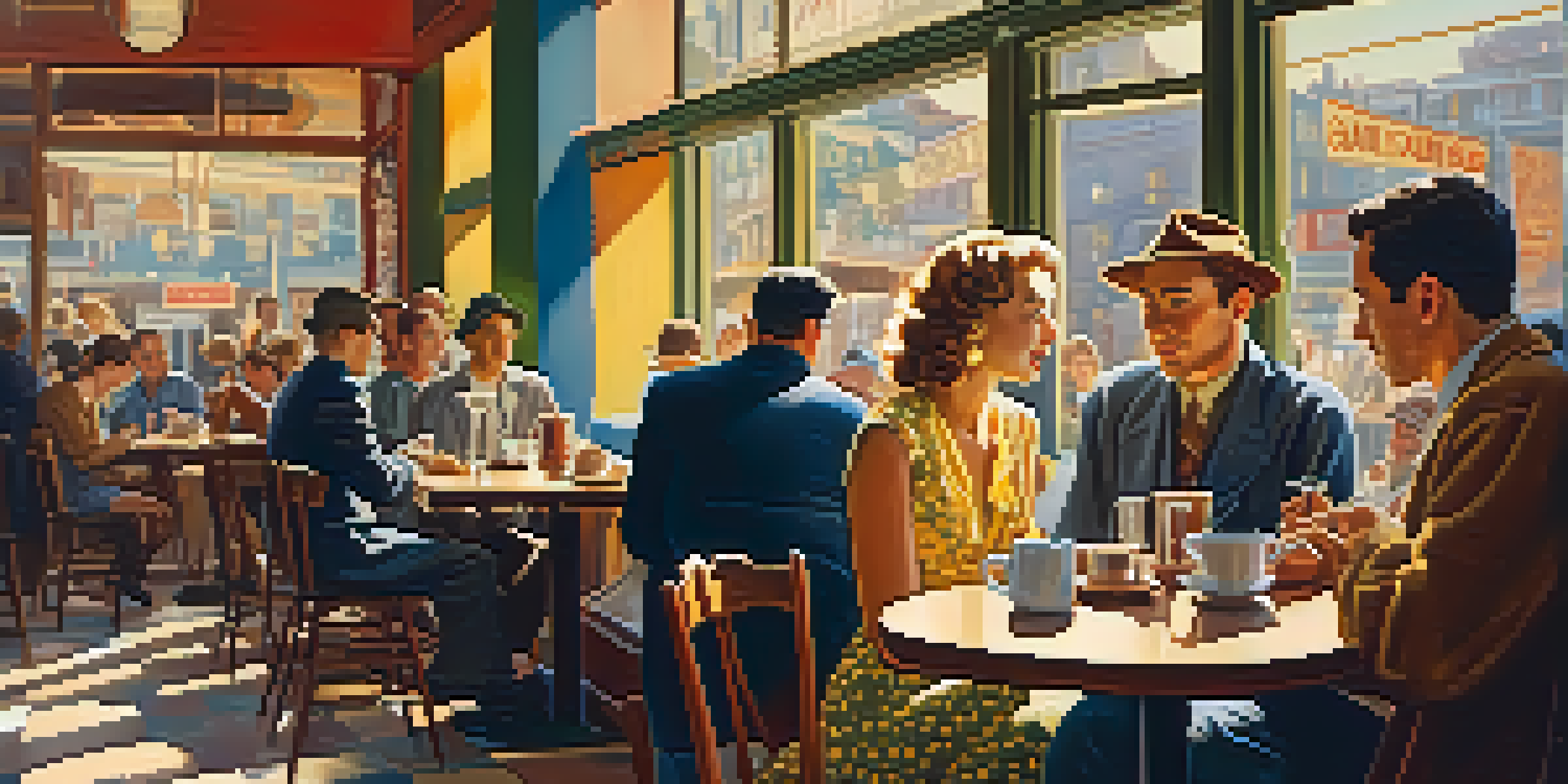 A lively café scene in 1950s San Francisco with writers and artists discussing ideas, colorful posters, and warm sunlight.