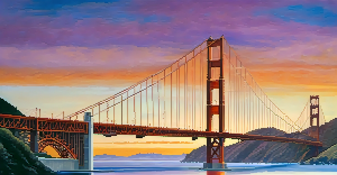 A picturesque view of the Golden Gate Bridge during sunset, showcasing its vibrant color and reflection in the water.