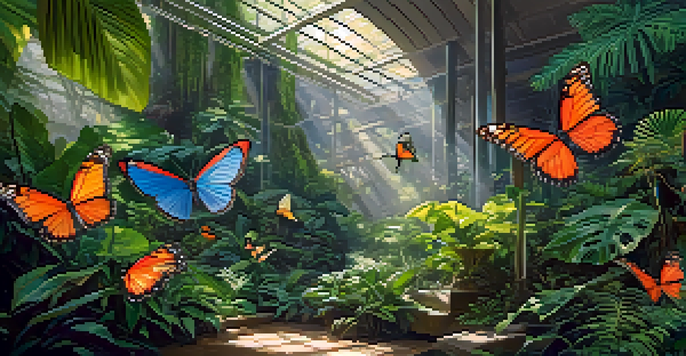 An indoor rainforest scene filled with greenery, butterflies, and birds, illuminated by sunlight.