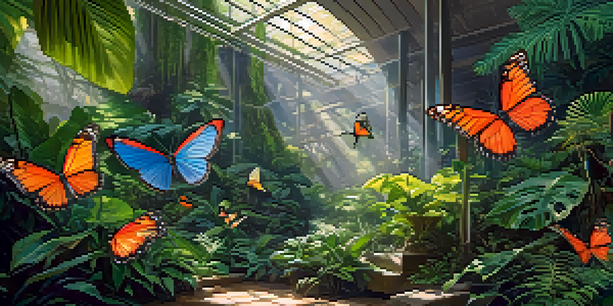 An indoor rainforest scene filled with greenery, butterflies, and birds, illuminated by sunlight.