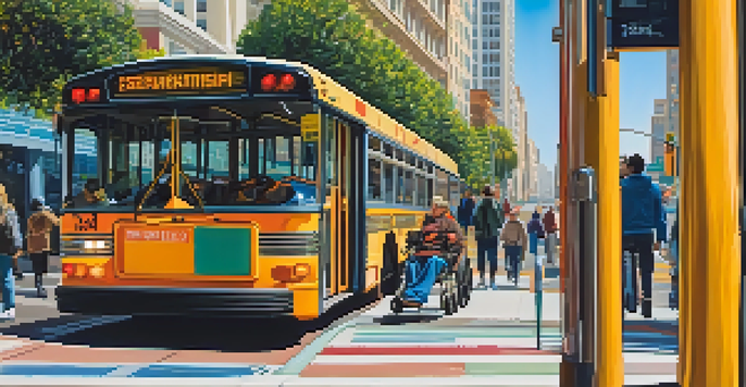 A San Francisco street scene with an accessible bus stop, featuring a ramp for wheelchairs and diverse passengers waiting, including a person with a guide dog.