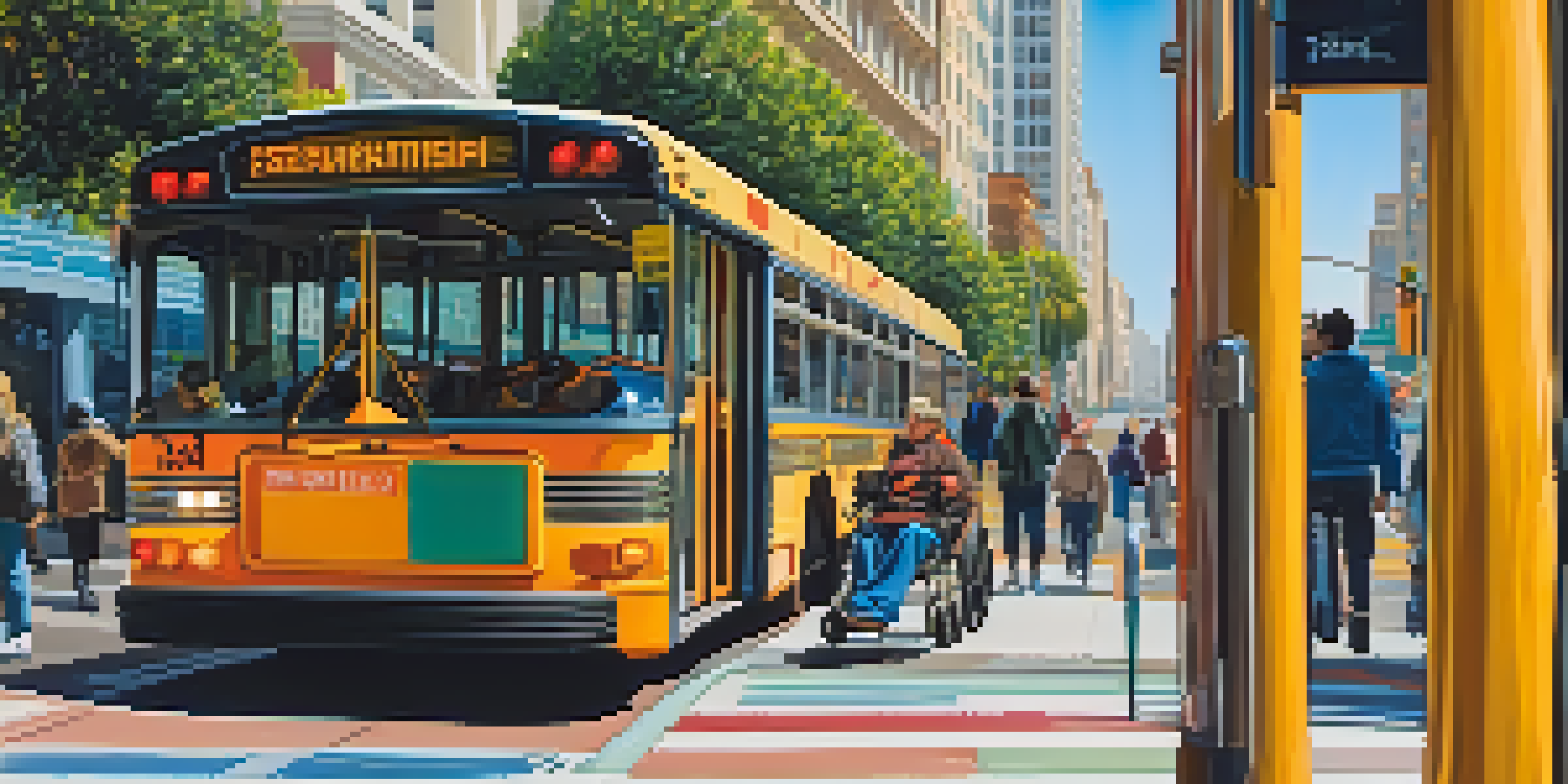 A San Francisco street scene with an accessible bus stop, featuring a ramp for wheelchairs and diverse passengers waiting, including a person with a guide dog.