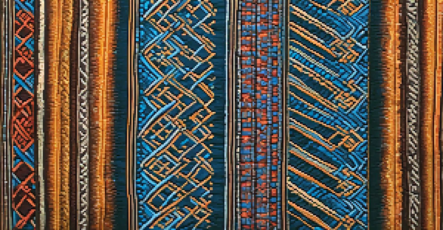 A close-up of a colorful handwoven scarf displayed at a craft market, showcasing intricate patterns and rich textures.