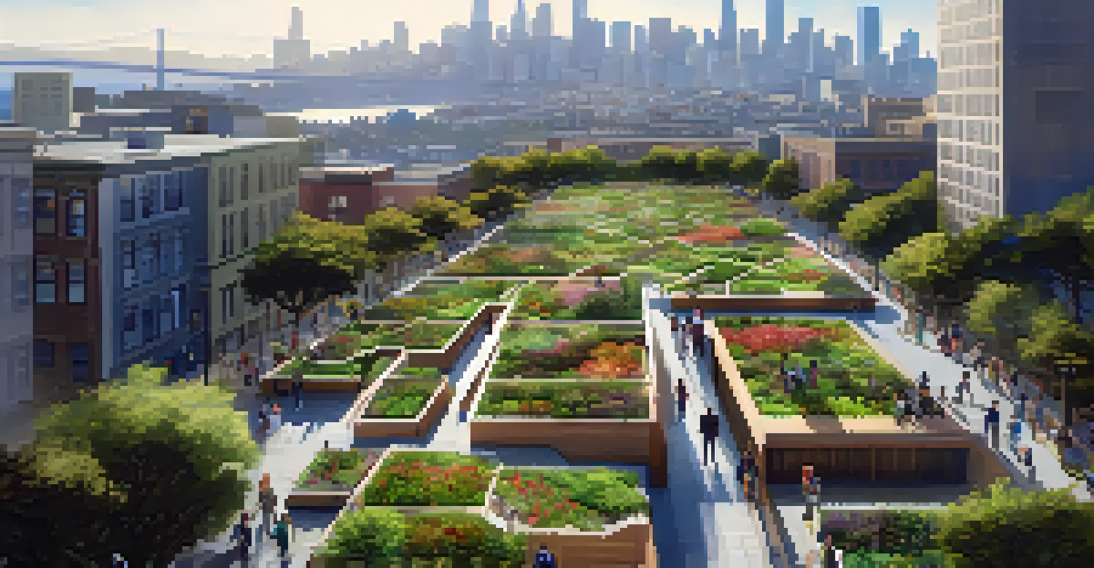 An aerial view of a modern urban park with green roofs and vertical gardens, people walking along pathways, and the San Francisco skyline in the background.