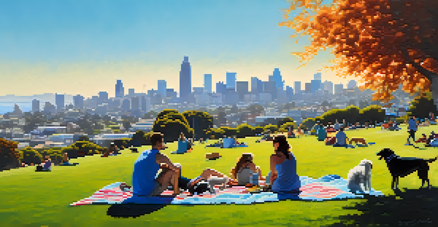 A bustling park scene with people and dogs enjoying a sunny day, with the city skyline in the background.