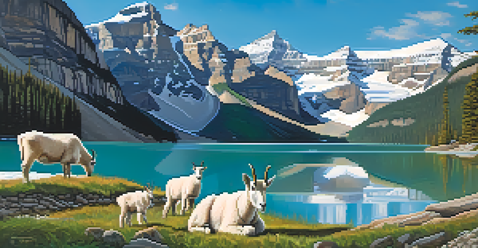 A picturesque view of Lake Louise in Banff National Park with mountain goats and snow-capped mountains.