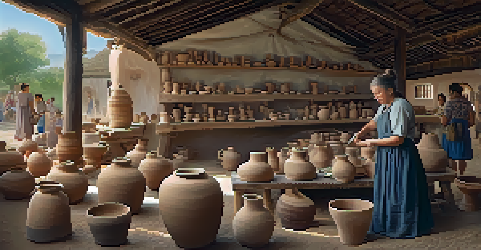 A woman potter shaping clay on a wheel at an artisan fair, surrounded by interested visitors and beautifully crafted pottery pieces on display.