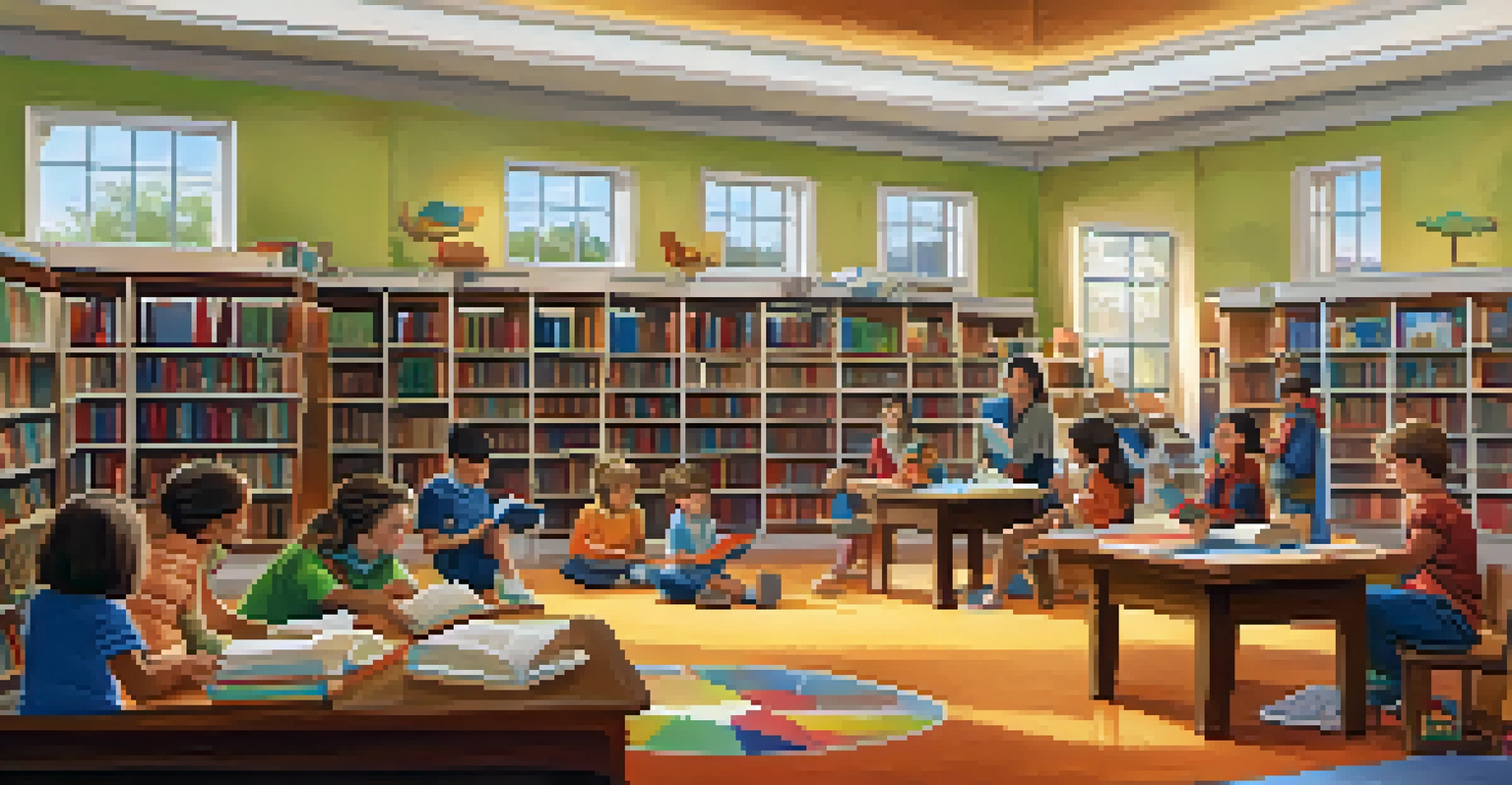 A warm and inviting library interior with children listening to a storyteller, surrounded by bookshelves and colorful artwork.