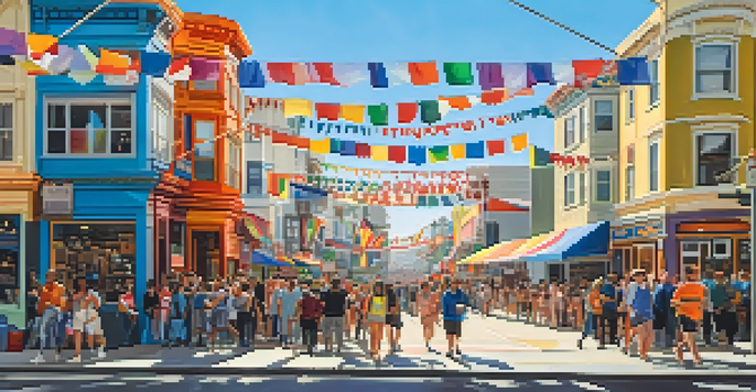 A lively street scene in the Castro District featuring colorful murals, diverse pedestrians, and Pride decorations in bright sunlight.