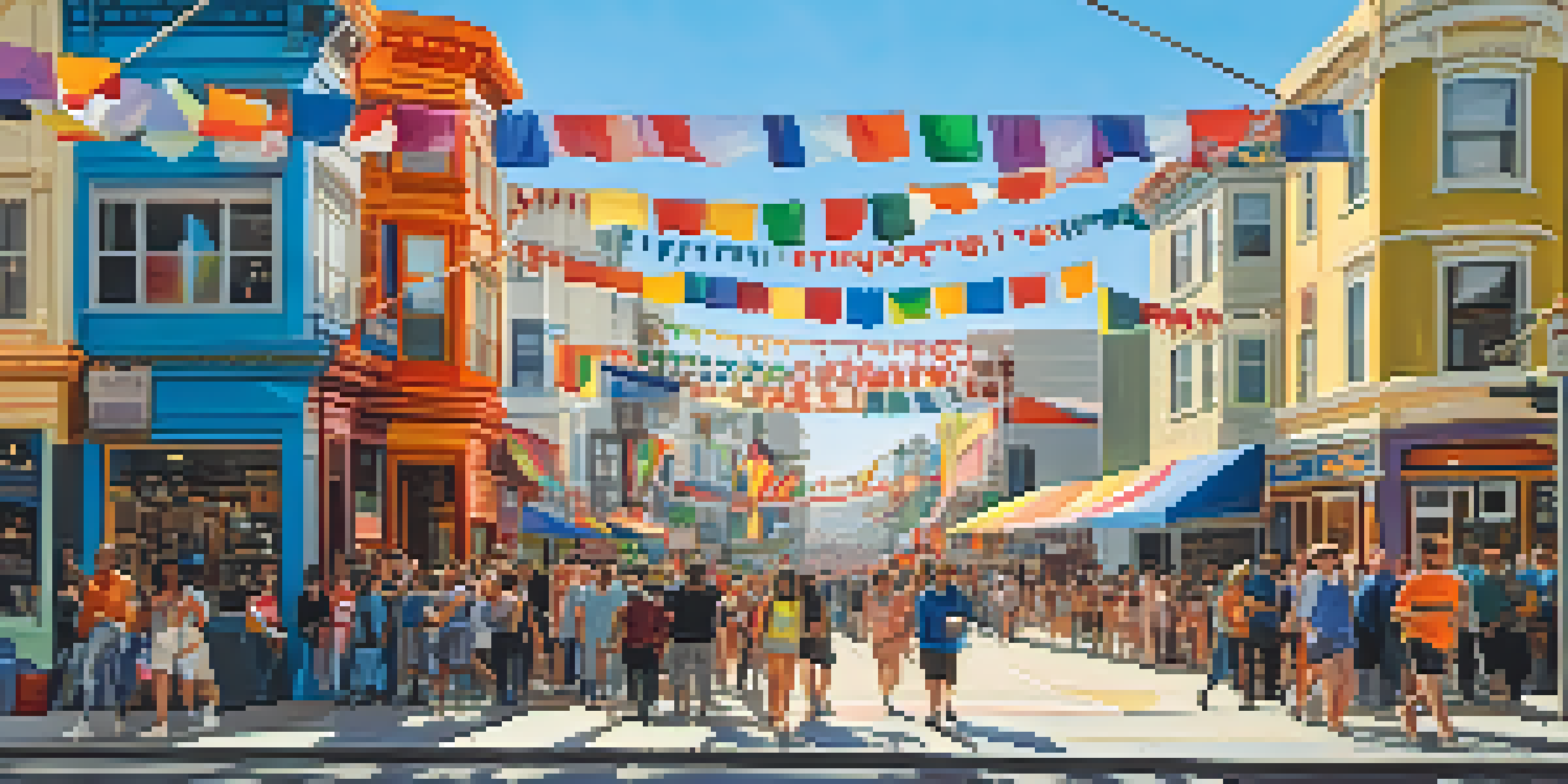 A lively street scene in the Castro District featuring colorful murals, diverse pedestrians, and Pride decorations in bright sunlight.