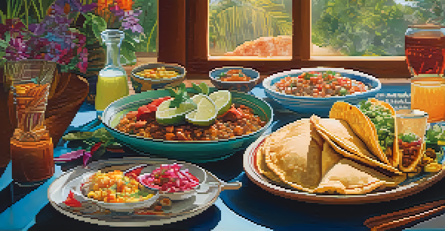 An inviting table set with various Latin American dishes, showcasing vibrant colors and textures.