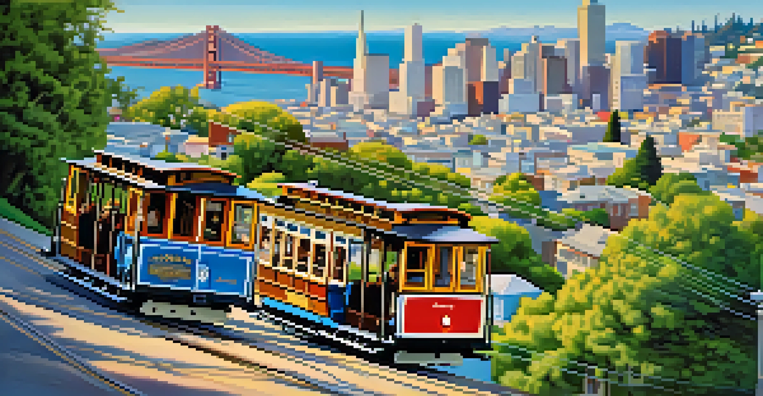 A picturesque scene of cable cars climbing a hill in San Francisco, surrounded by colorful houses and greenery.