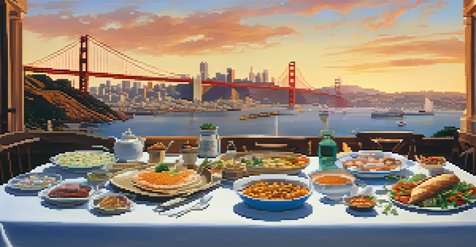San Francisco skyline at sunset with diverse cuisines on a table in the foreground, featuring seafood and vegetables.