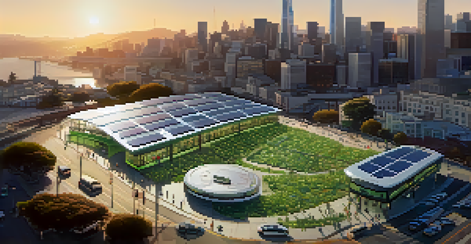 Aerial view of a San Francisco transit hub with solar panels and electric buses, featuring the city skyline at golden hour.