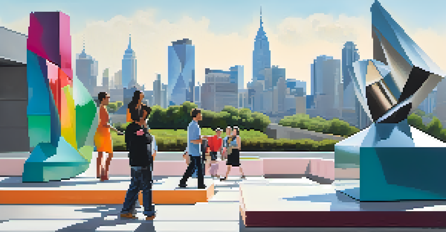 A lively urban sculpture park filled with modern art pieces, with visitors interacting and a city skyline in the background.