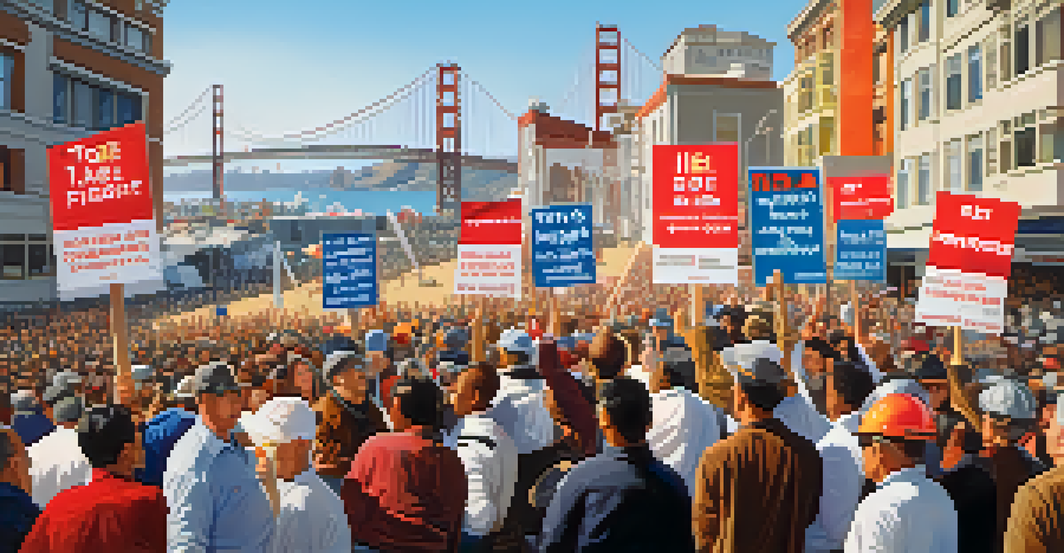 A diverse crowd at a modern labor rally in San Francisco, holding colorful signs for workers' rights with the Golden Gate Bridge in the background.