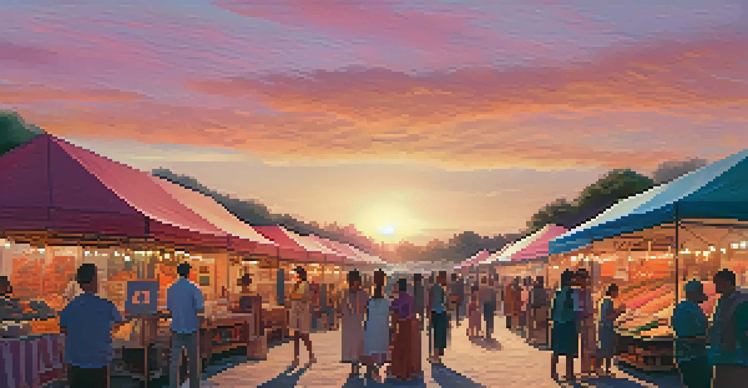 An outdoor craft market at sunset, featuring stalls with sustainable products and a colorful sky in the background.