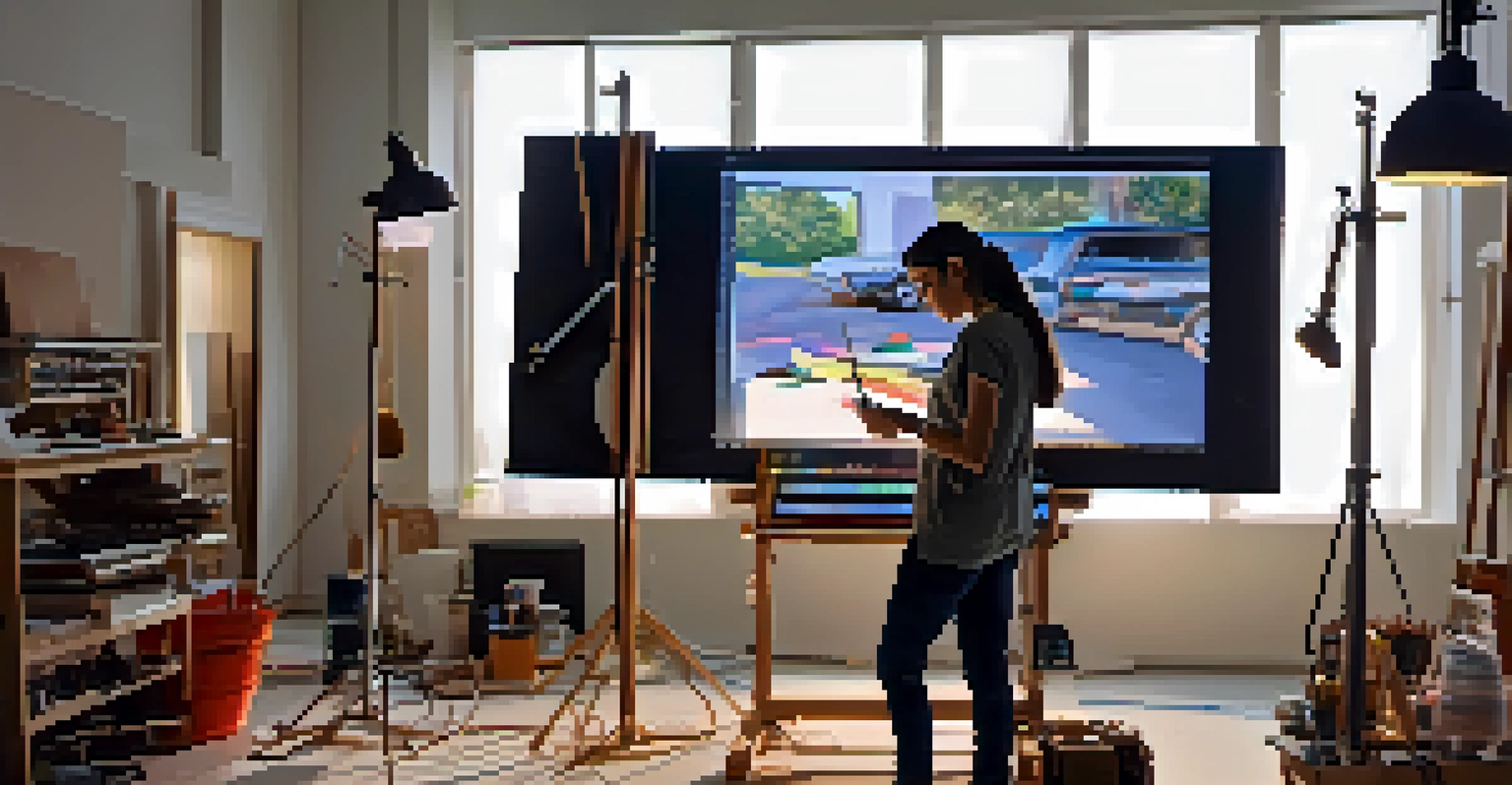 An artist creating digital art in a well-lit studio, surrounded by traditional art supplies and technology.
