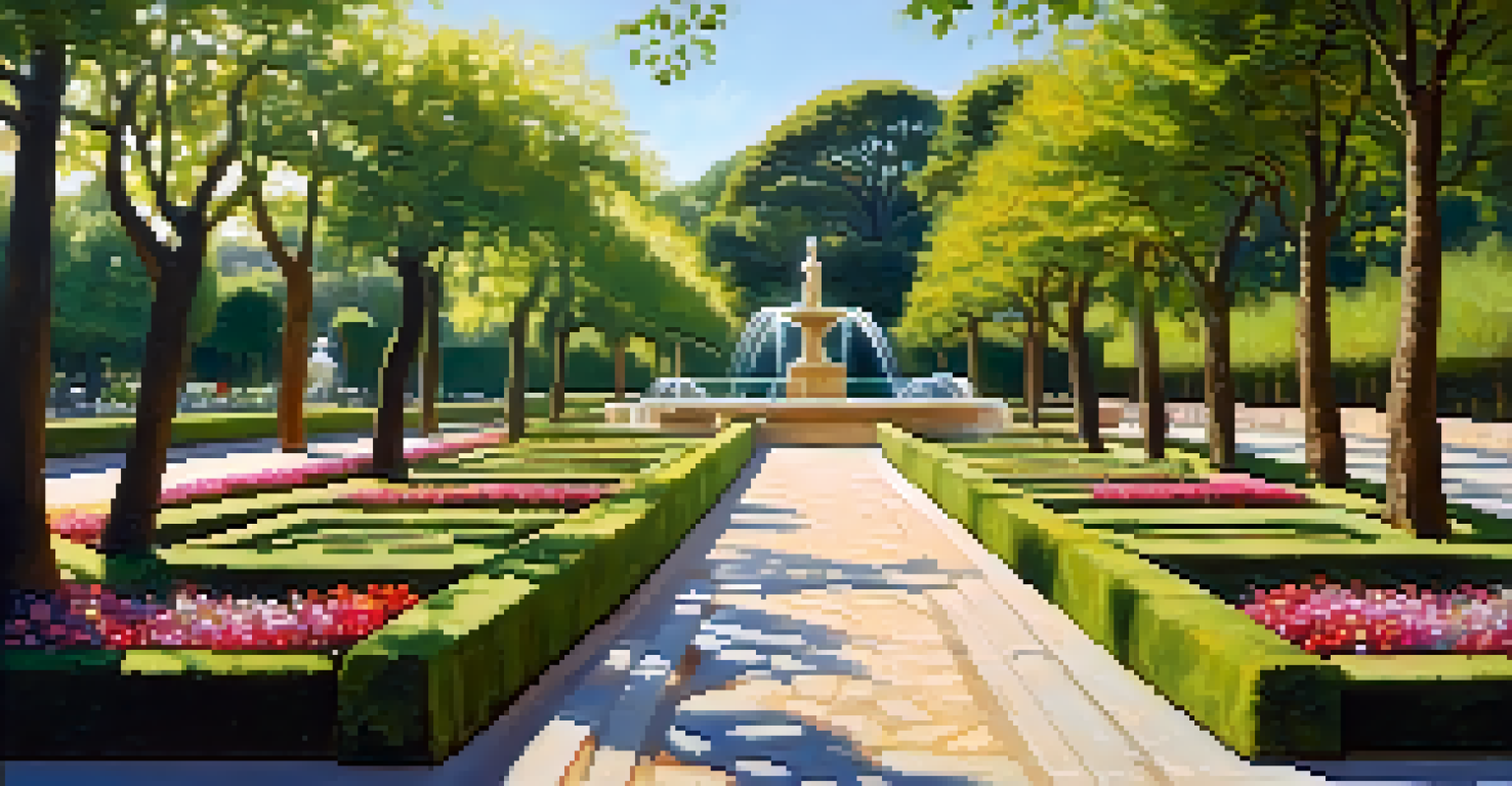 The peaceful Jardins de Joan Maragall in Montjuïc, showcasing blooming flowers, sculptures, and a flowing fountain.