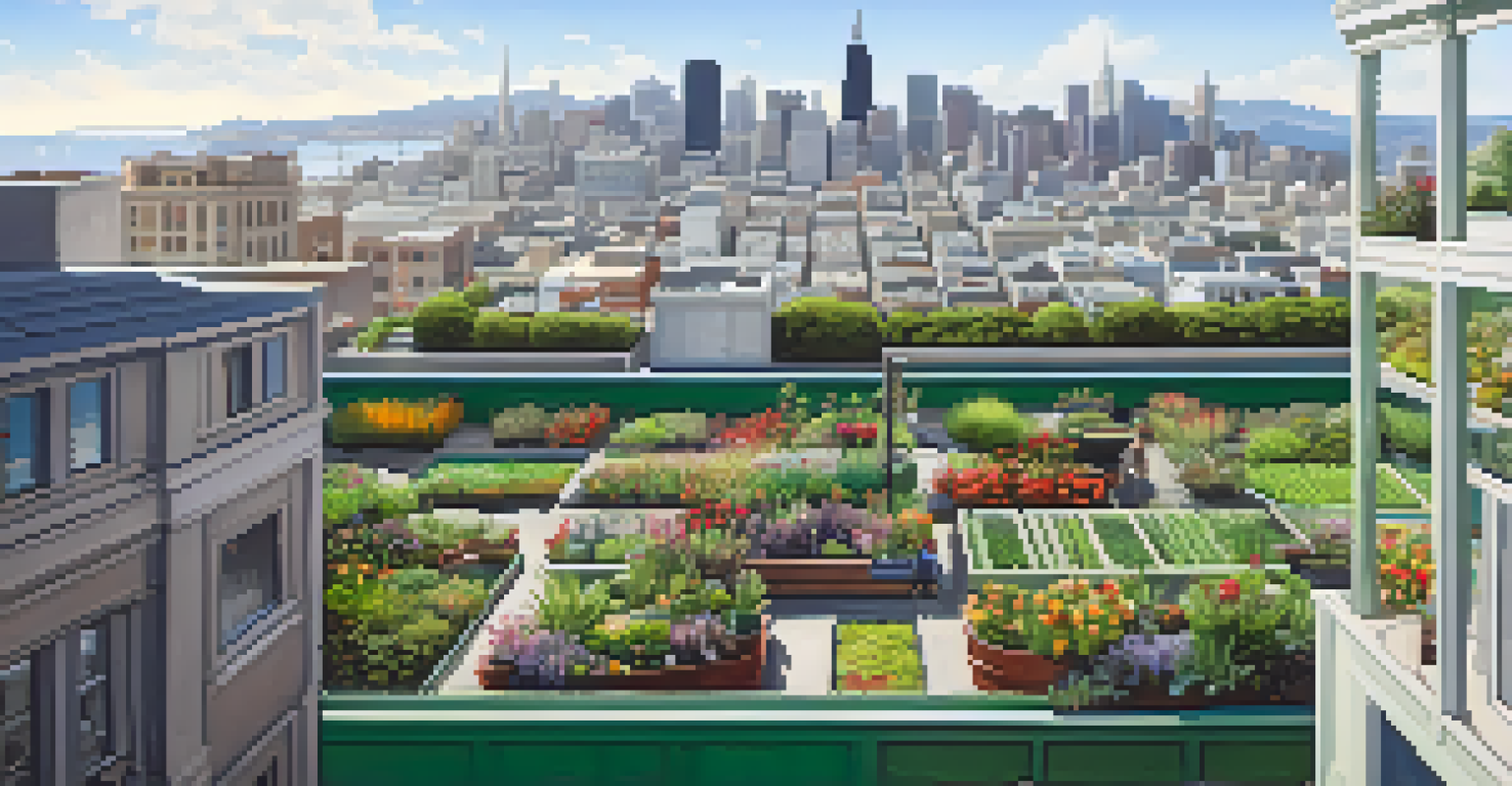 An aerial view of a green rooftop garden in San Francisco with people enjoying the space and a clear city skyline in the background.