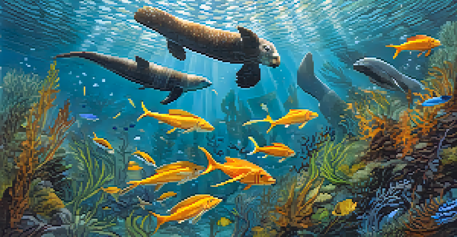 An underwater kelp forest in San Francisco, featuring sea stars, sea otters, and schools of colorful fish.