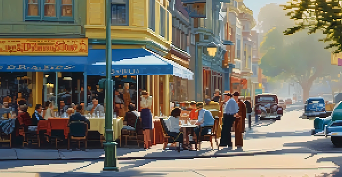 A bustling street in San Francisco's North Beach during the 1950s, showcasing artists and writers in a lively café setting with colorful signs and vintage cars.