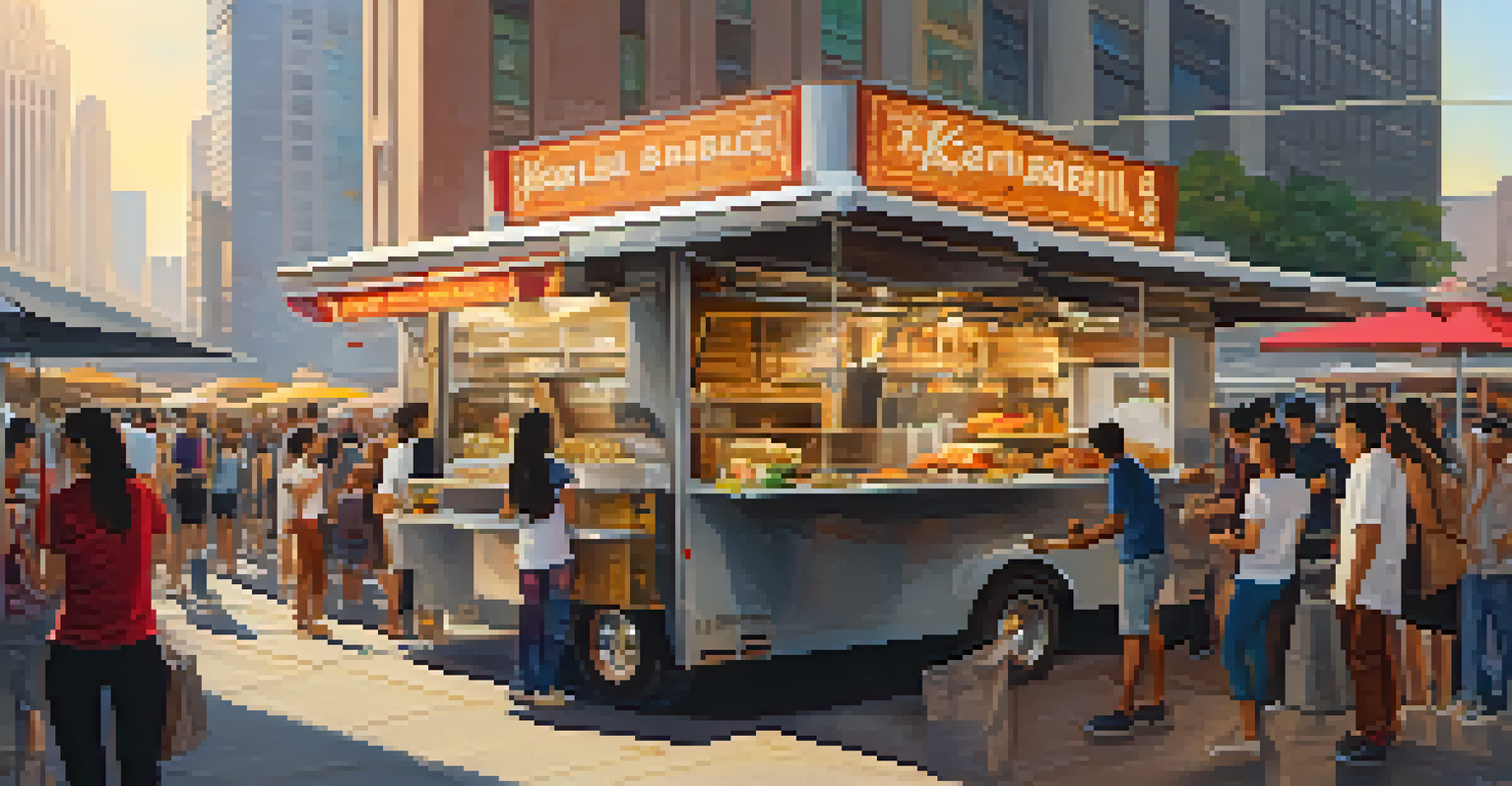 A bustling food truck scene in Los Angeles at the Grand Central Market with diverse food trucks and people sampling food.