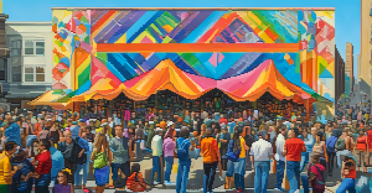 Artists from diverse backgrounds painting murals at an outdoor art festival in San Francisco, with vibrant colors and an engaged crowd.