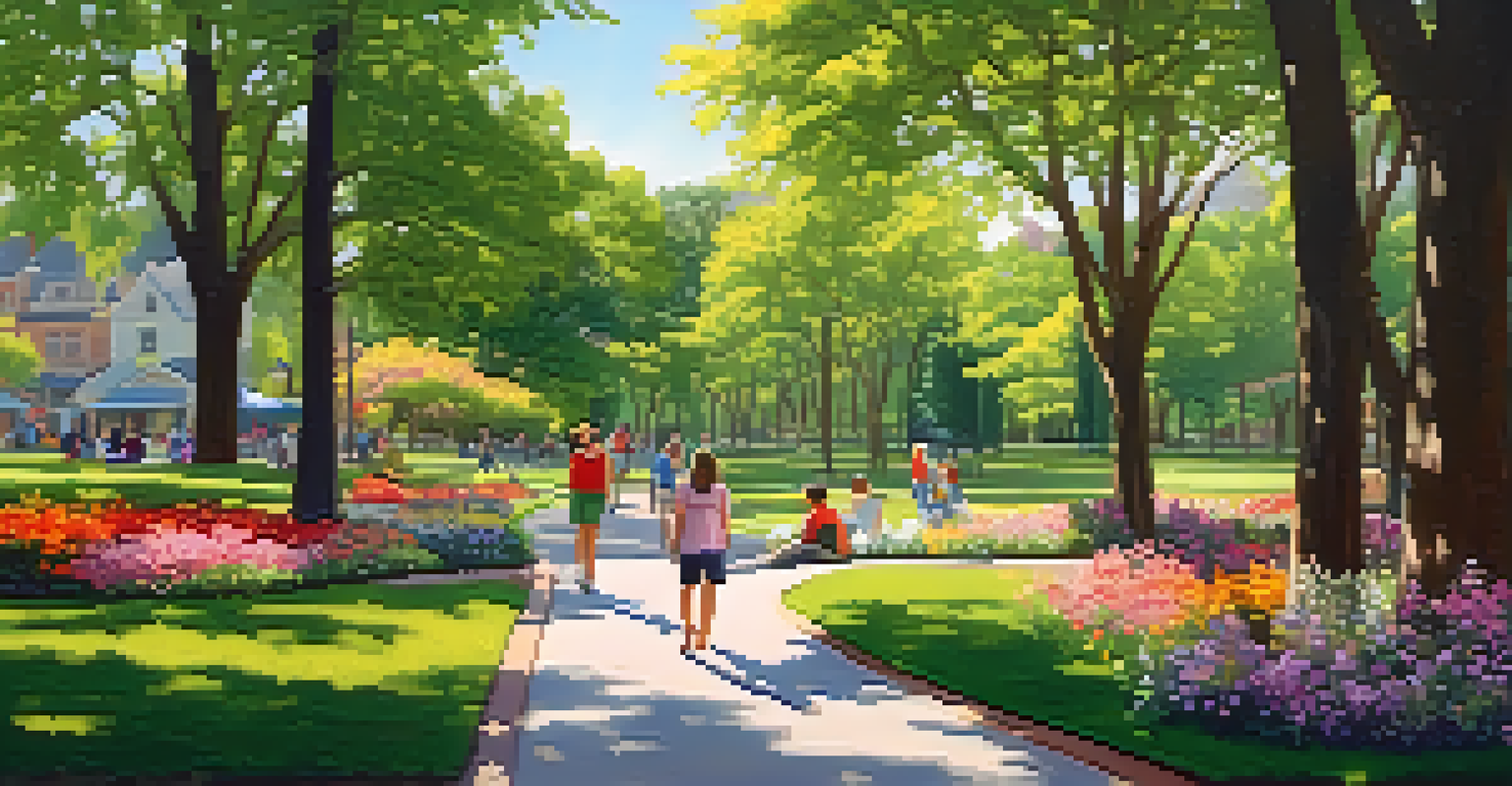 A serene park with a winding path, families picnicking, and walkers enjoying the outdoors in a sunny landscape.