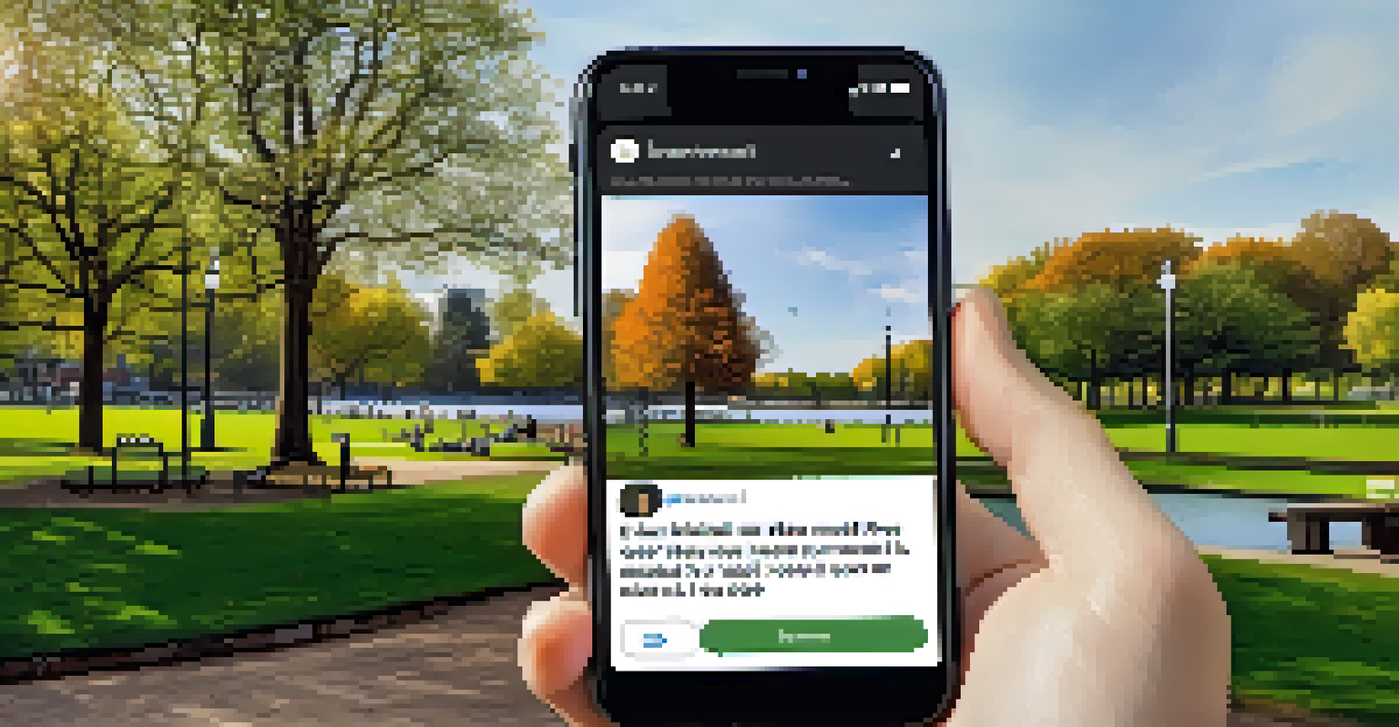 A smartphone displaying a social media post about a park campaign with the hashtag #ParksMatter, surrounded by emojis.