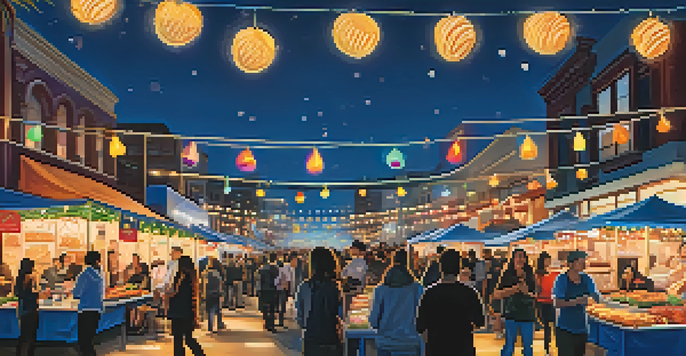 A lively night market in San Francisco filled with colorful food stalls and people enjoying food, illuminated by fairy lights under a dark blue sky.