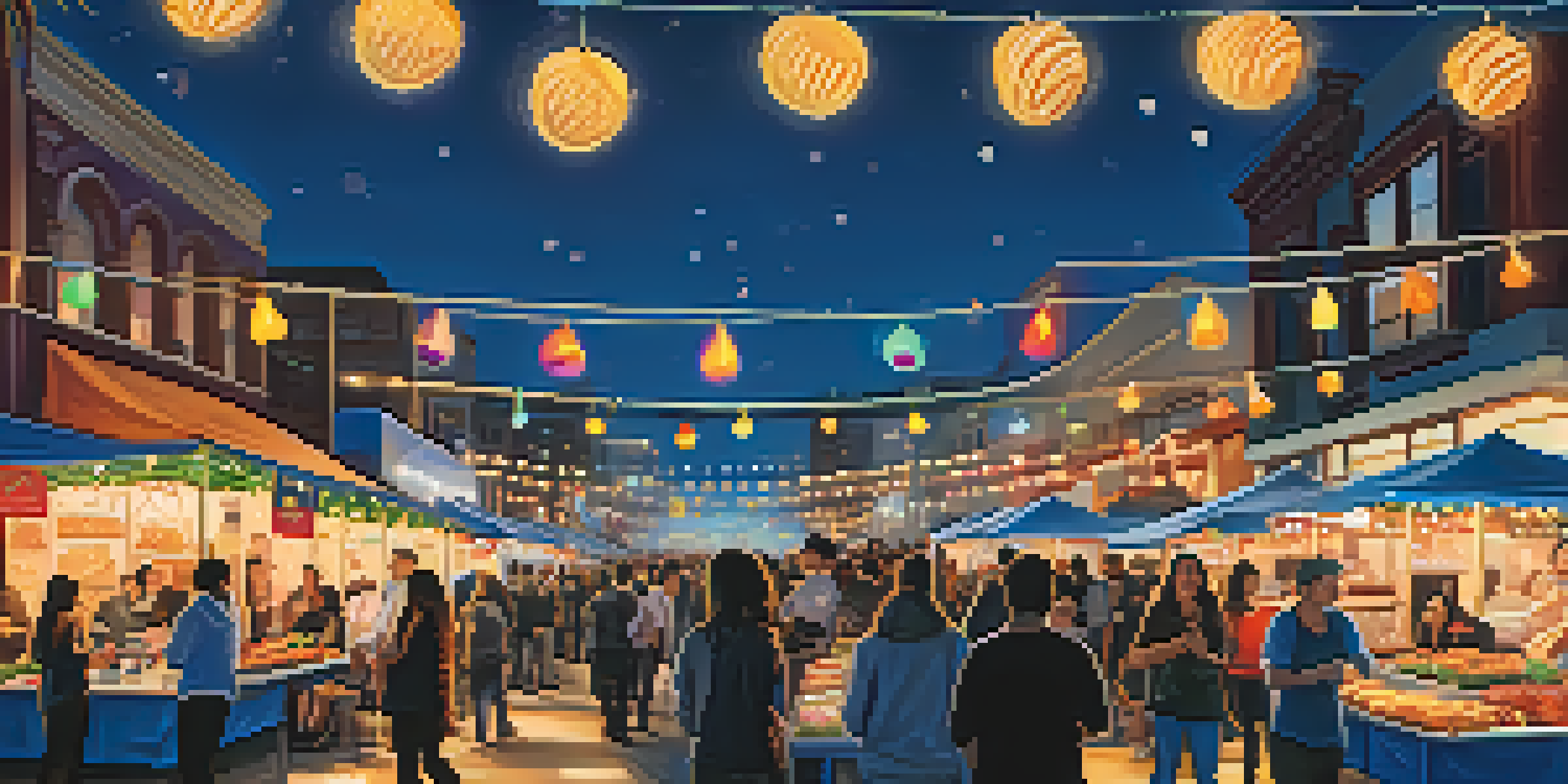A lively night market in San Francisco filled with colorful food stalls and people enjoying food, illuminated by fairy lights under a dark blue sky.