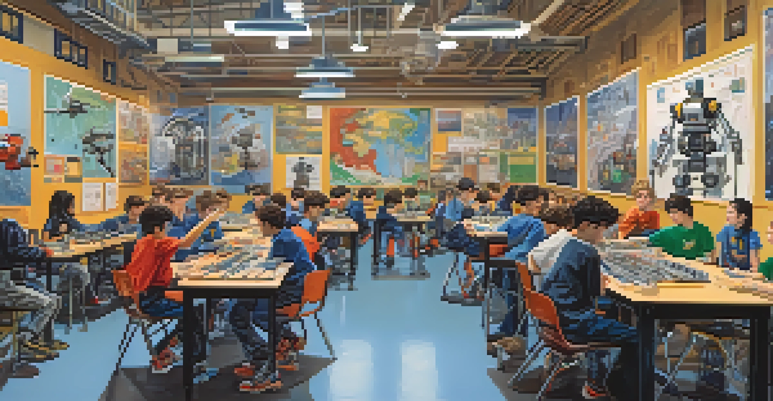 Students collaborating in a robotics club meeting, surrounded by kits and tools in a vibrant classroom.