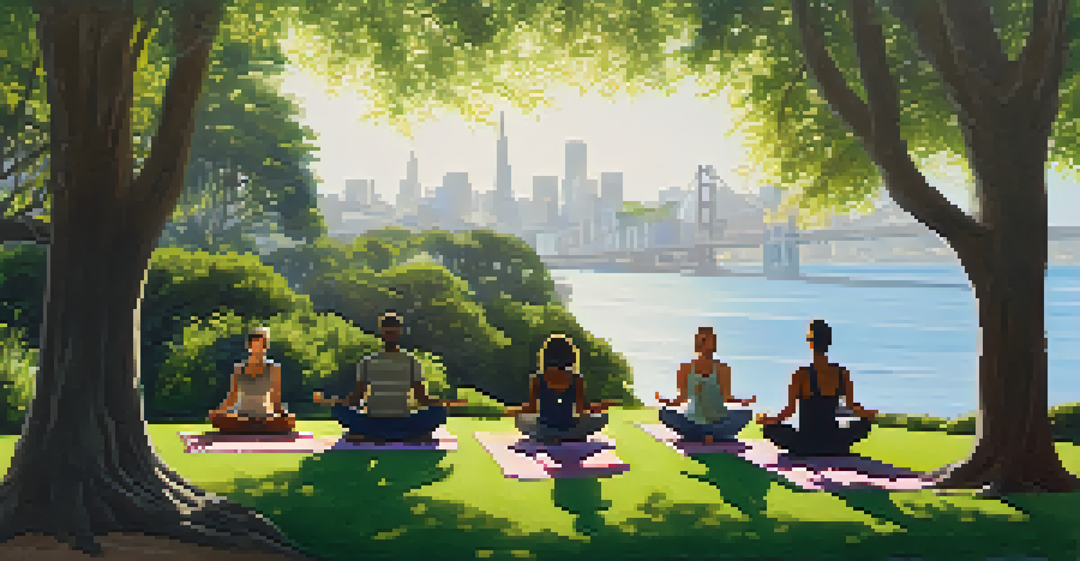 A peaceful park in San Francisco with people practicing yoga and enjoying a picnic, surrounded by greenery and sunlight.