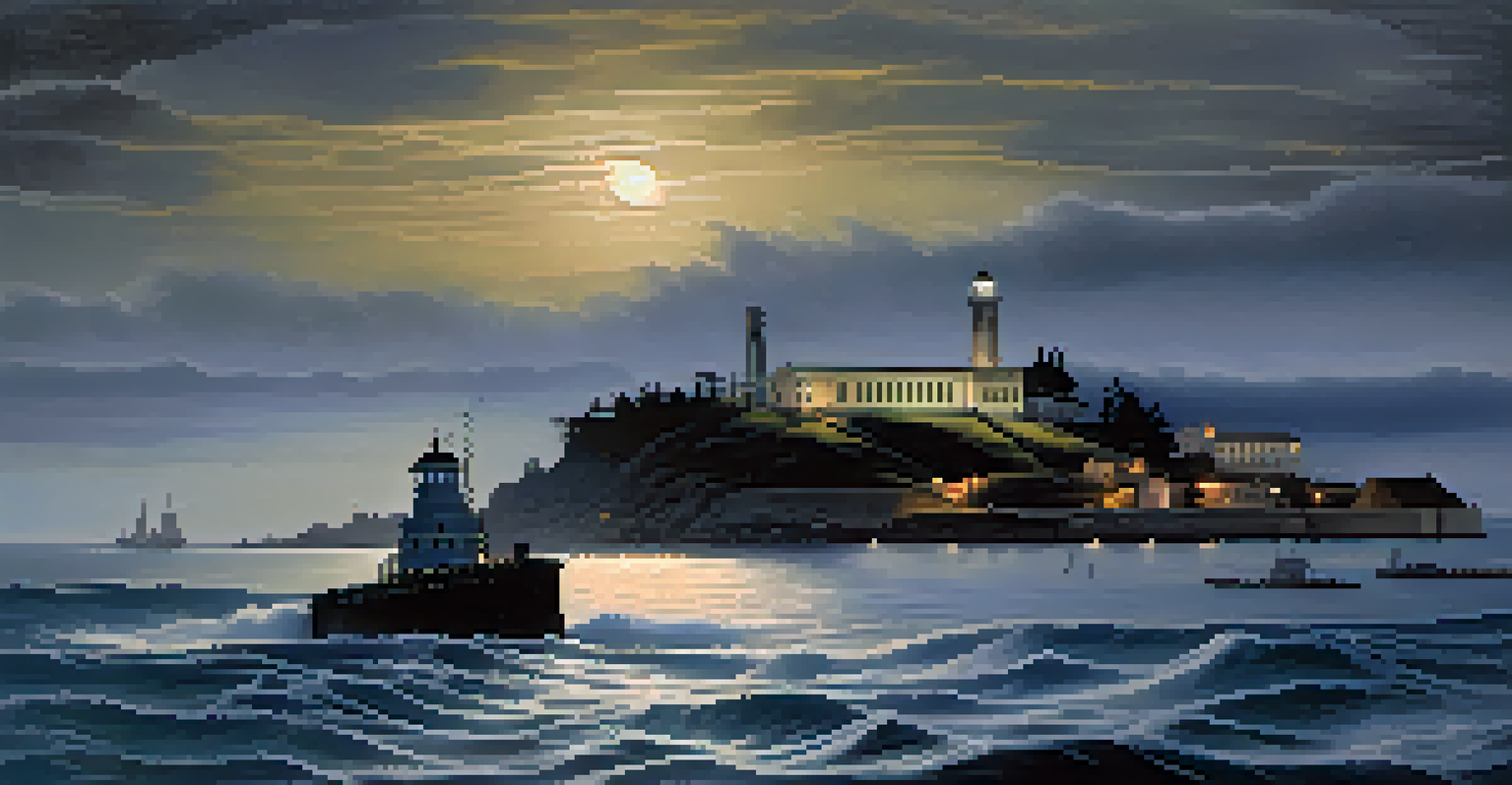 Alcatraz Island at dusk with ghostly figures of sailors and soldiers, an old lighthouse, and swirling mist.