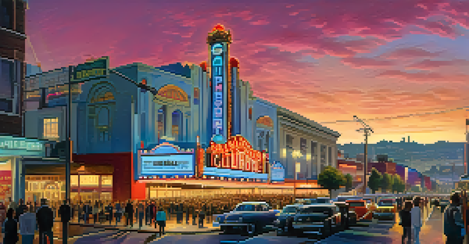 The Fillmore Auditorium in San Francisco, lit up at dusk with concert-goers arriving, with the city skyline in the background.