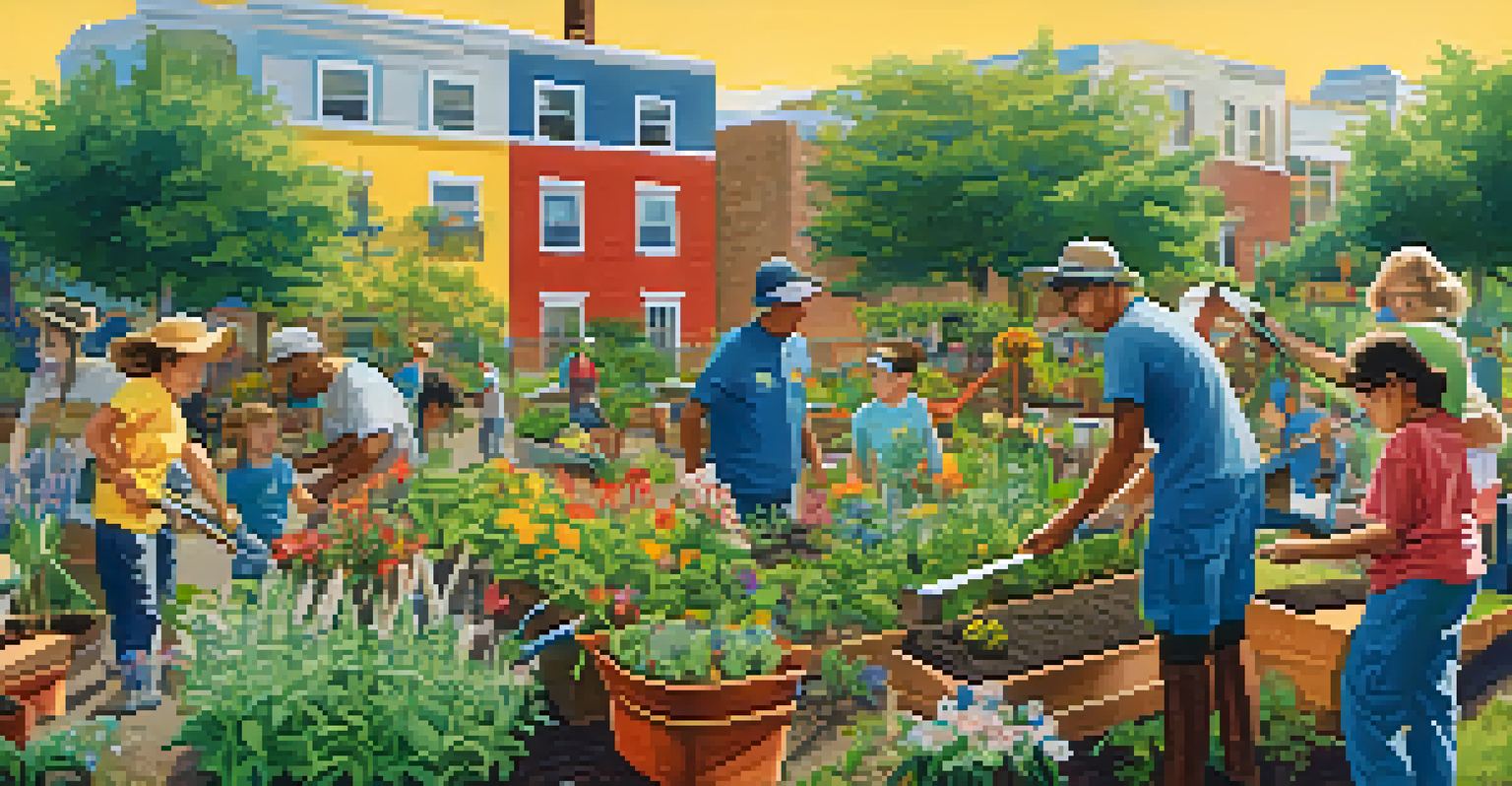 A community garden with residents working together, surrounded by colorful plants and a vibrant mural.