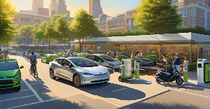 An urban street filled with electric vehicles and traditional cars. People are charging their EVs at a modern charging station under warm golden hour light.