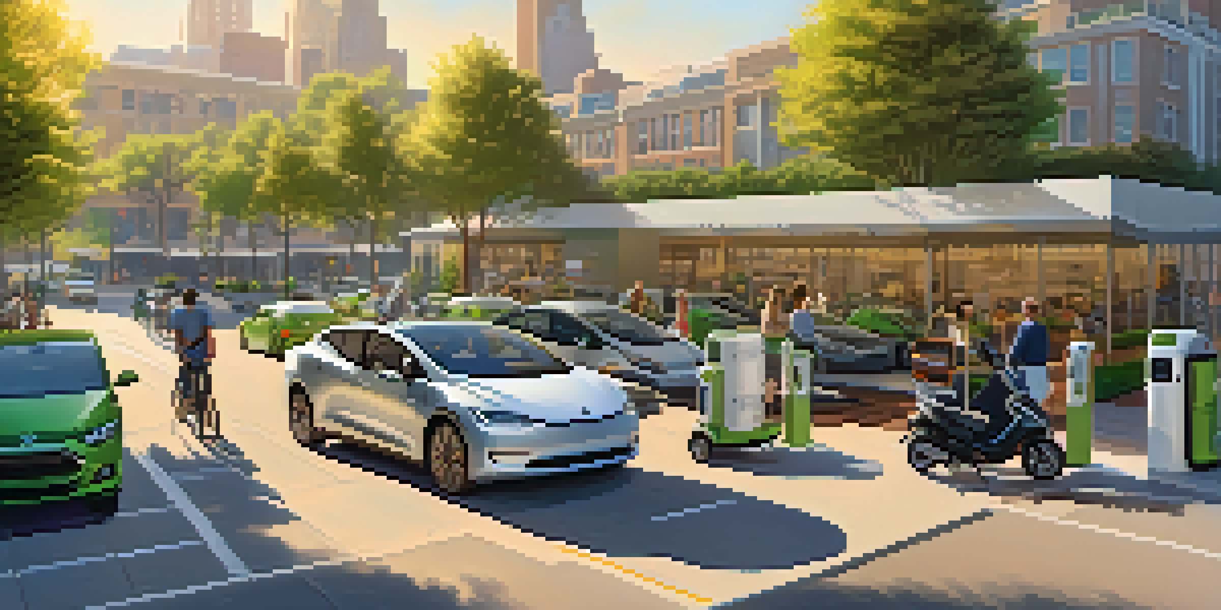 An urban street filled with electric vehicles and traditional cars. People are charging their EVs at a modern charging station under warm golden hour light.
