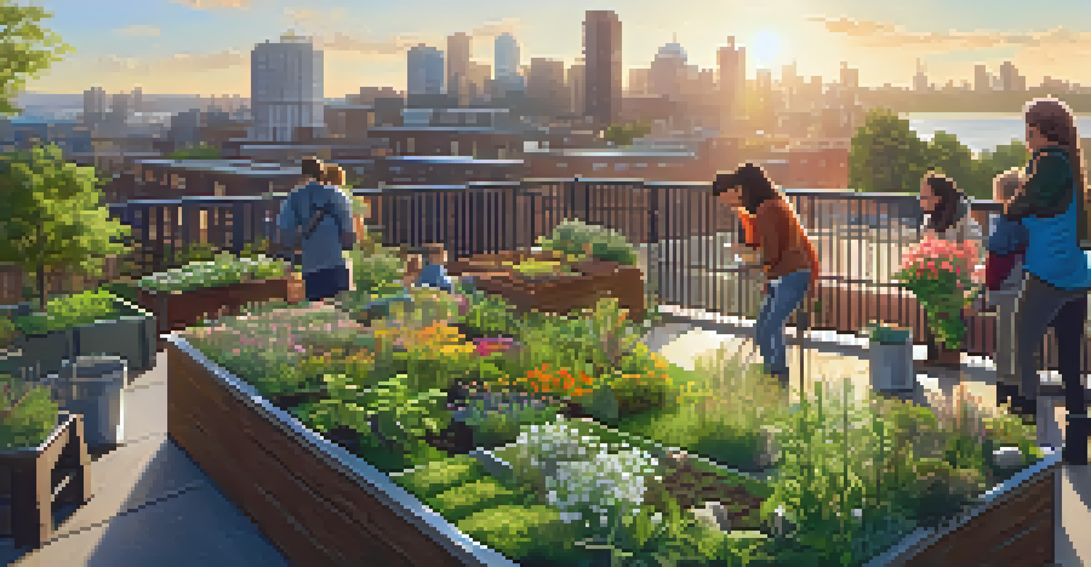 Residents participating in a gardening workshop on a green roof, planting flowers and herbs, with a city skyline in the background.