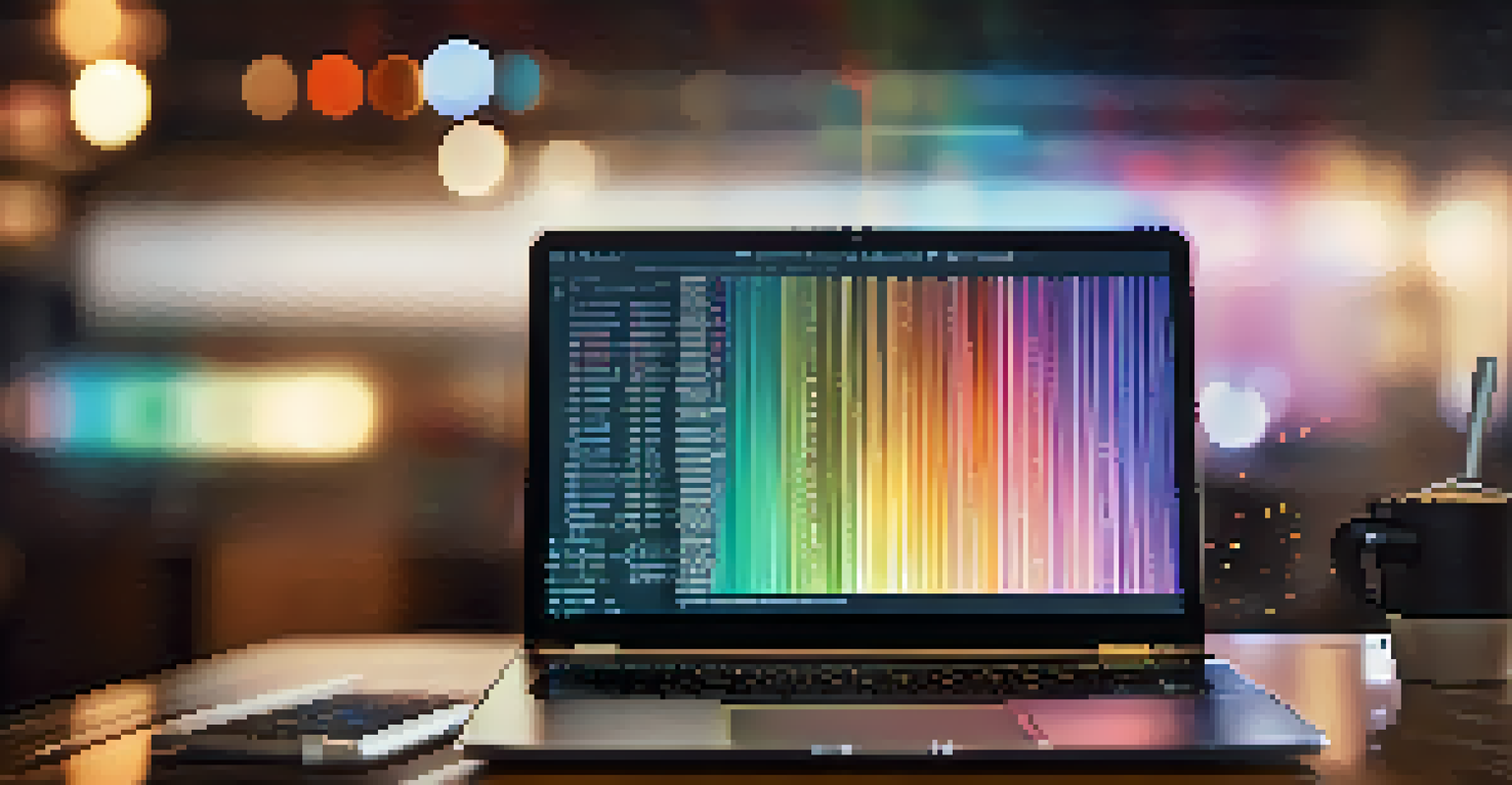 A laptop screen with colorful code lines and a cup of coffee in a cozy learning environment.