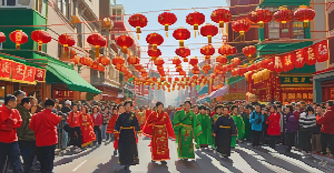 A lively street scene in Chinatown, San Francisco, during the Chinese New Year Parade, with colorful decorations and lion dancers.