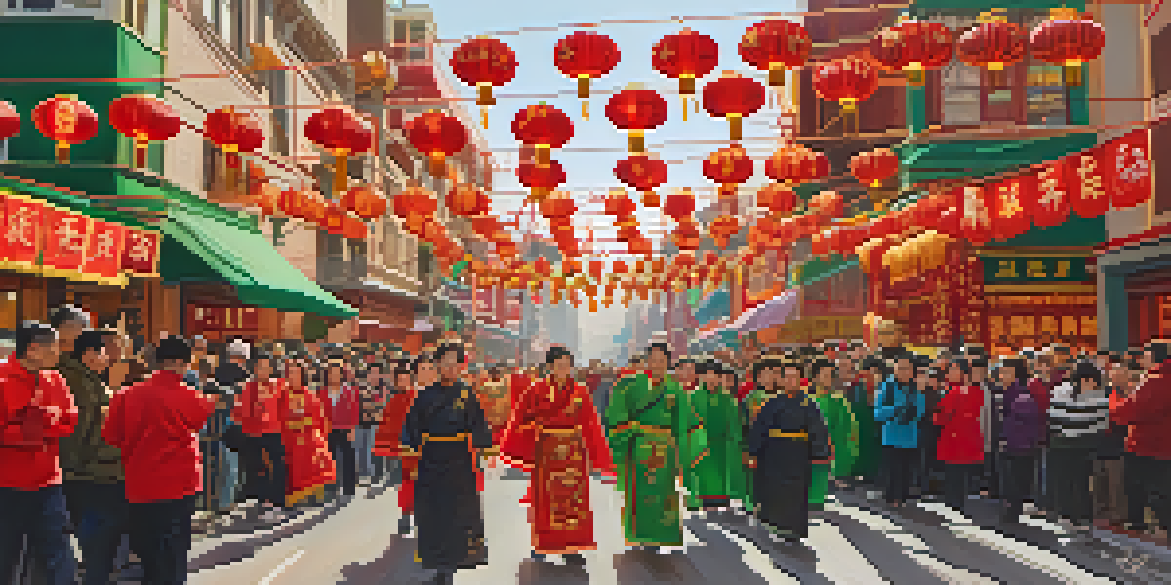 A lively street scene in Chinatown, San Francisco, during the Chinese New Year Parade, with colorful decorations and lion dancers.