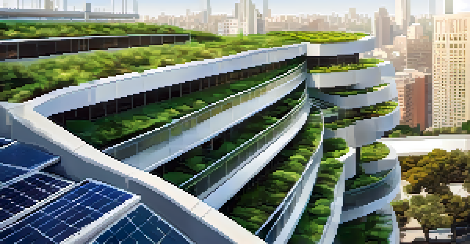 Close-up of a green roof and solar panels on a skyscraper in San Francisco, with the skyline in the background.