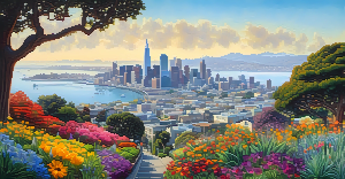 A panoramic view of San Francisco with sunny neighborhoods and foggy parks, featuring a vibrant community garden in the foreground.
