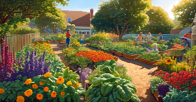 A lively community garden with people from different backgrounds working together, surrounded by colorful plants and flowers in sunny weather.