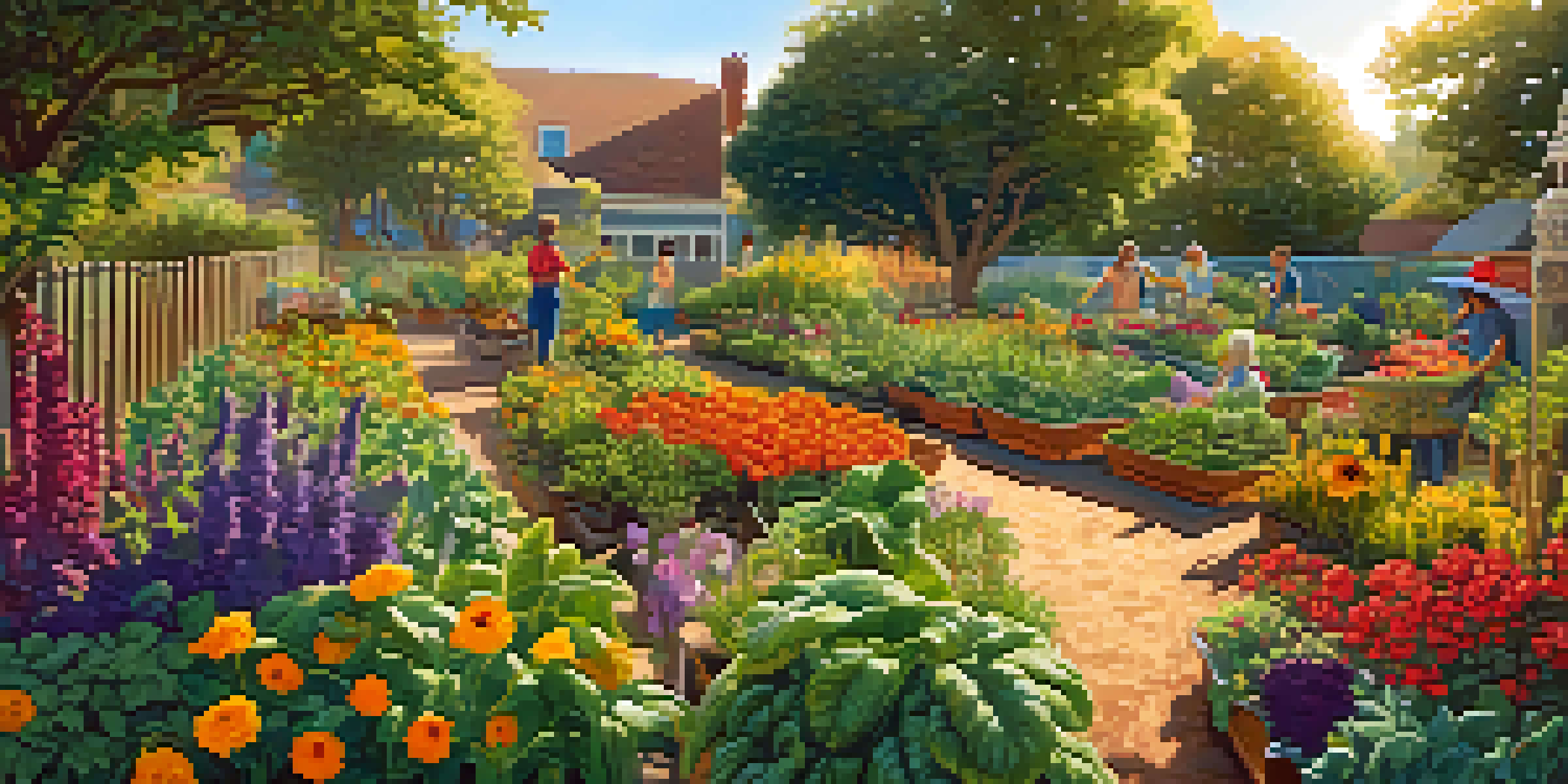 A lively community garden with people from different backgrounds working together, surrounded by colorful plants and flowers in sunny weather.