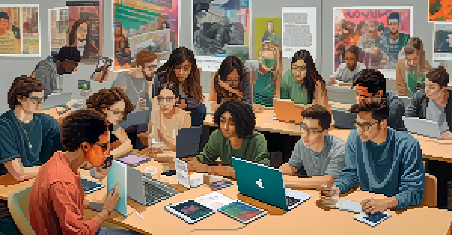 A diverse group of young activists working together at a table with laptops, brainstorming ideas in a bright, modern room.