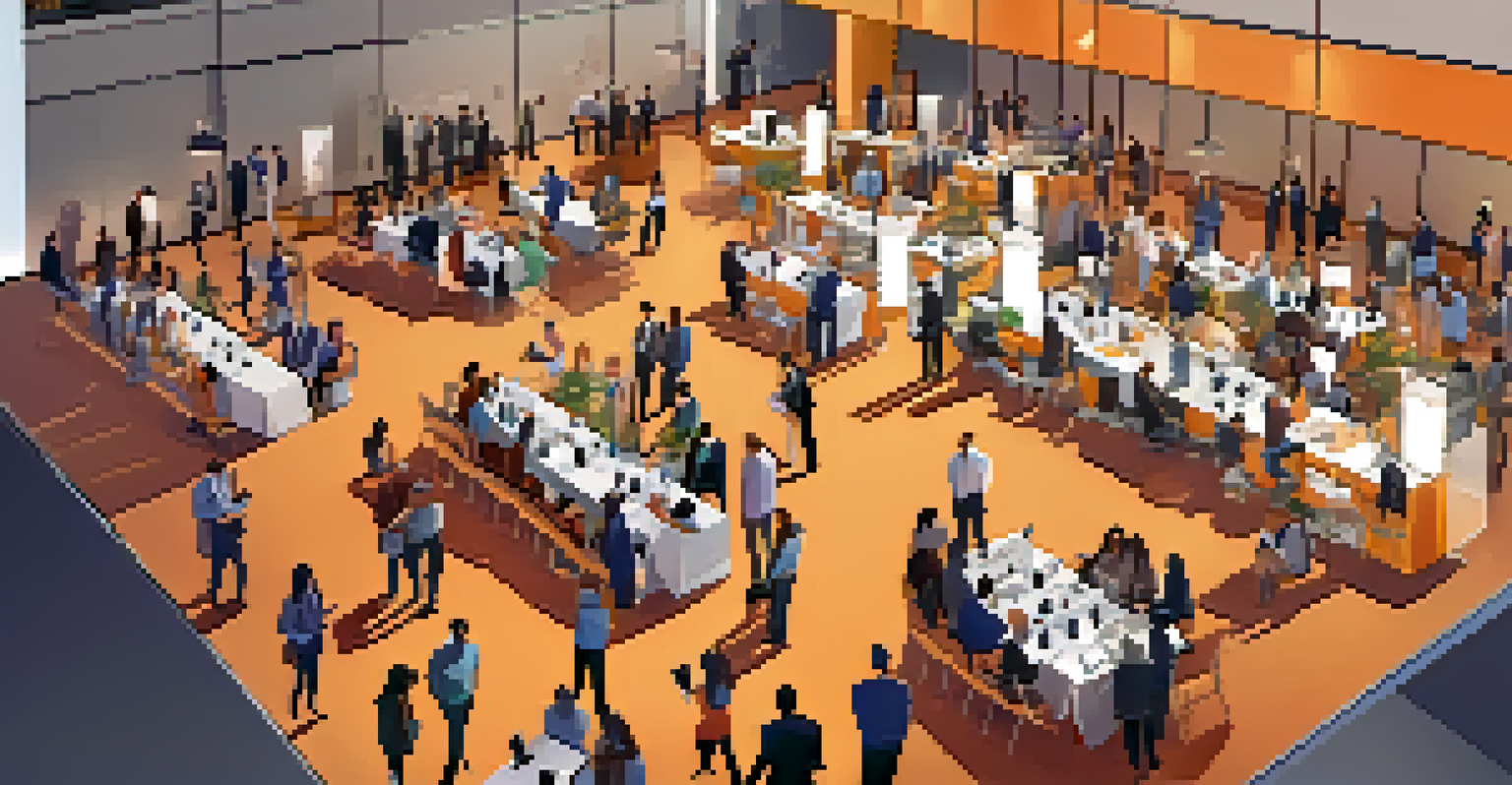 An aerial view of a networking event with attendees interacting in a spacious hall, surrounded by tech company banners and tables with laptops.